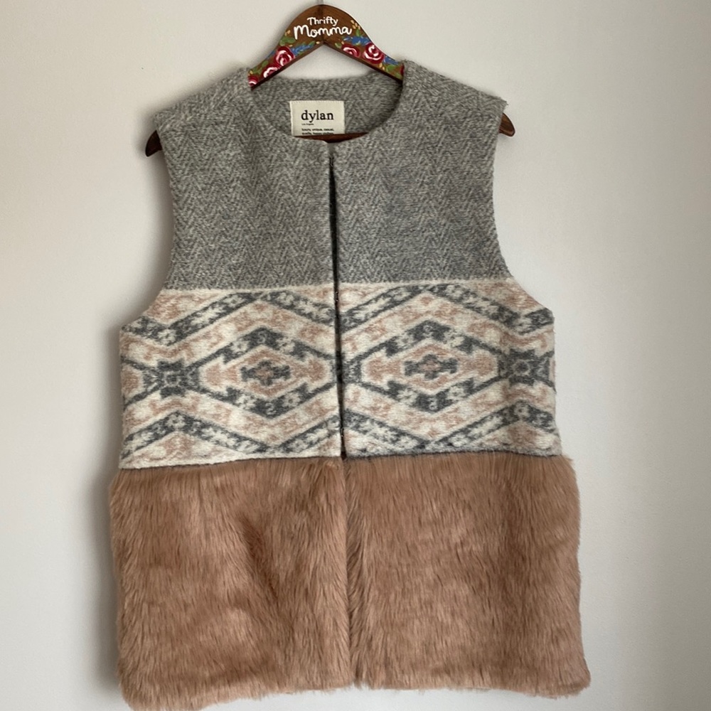 dylan Mixed-Media Gray Patterned & Taupe Faux-Fur Vest